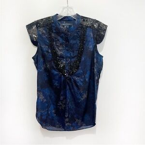 French Connection top blue black floral trees sequins cap sleeves buttons